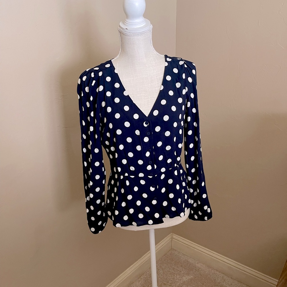 J Crew navy polka dot peplum blouse